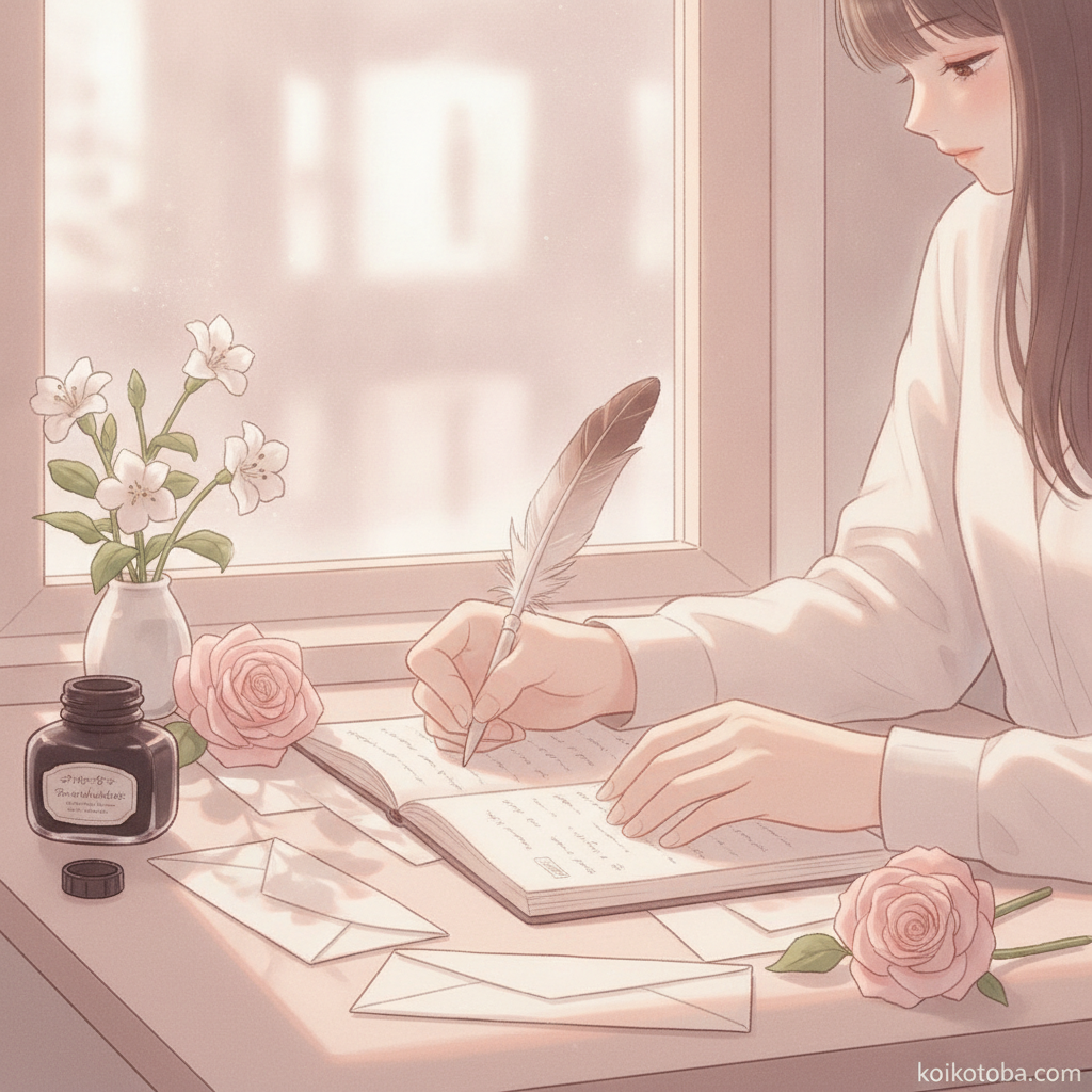 カフェで手紙を書く手元のイラスト
