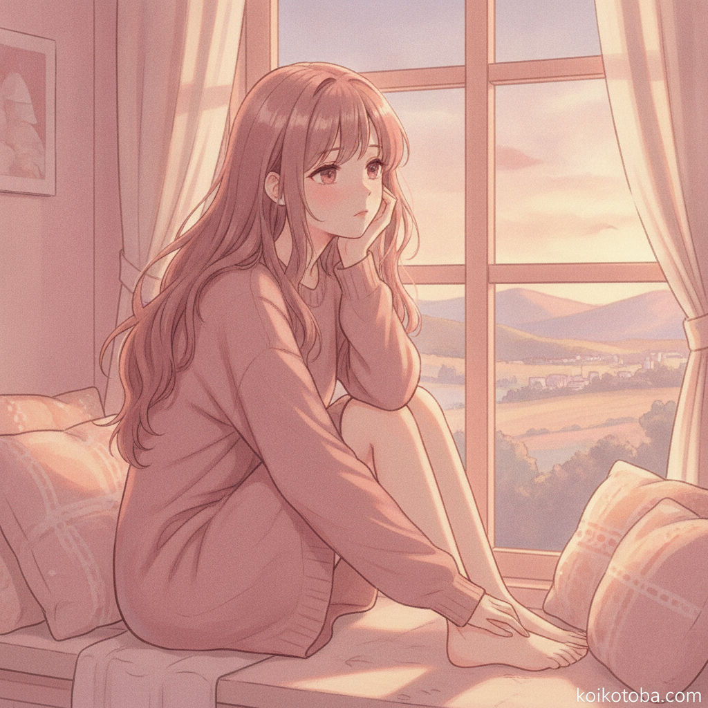 窓辺で物思いにふける女性のイラスト