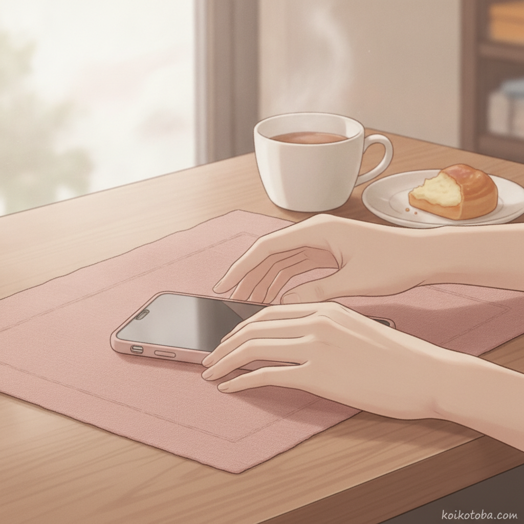 スマホをテーブルに伏せて置く手元のイラスト