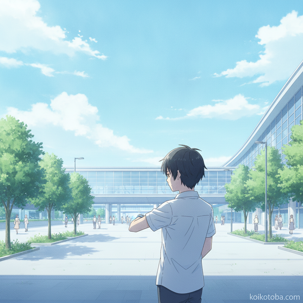 駅前の待ち合わせでそわそわする人物のイラスト