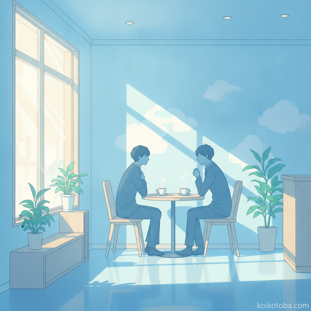 カフェで向かい合う二人のやわらかなイラスト
