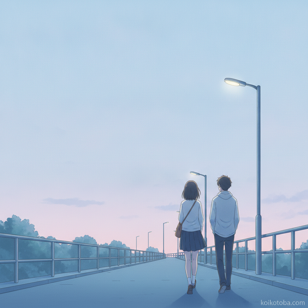 夕暮れの帰り道を並んで歩く二人のうしろ姿のイラスト