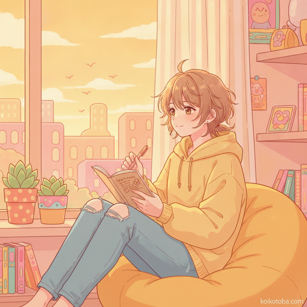 夕暮れの窓際でノートを書きながら外を眺める人物のイラスト