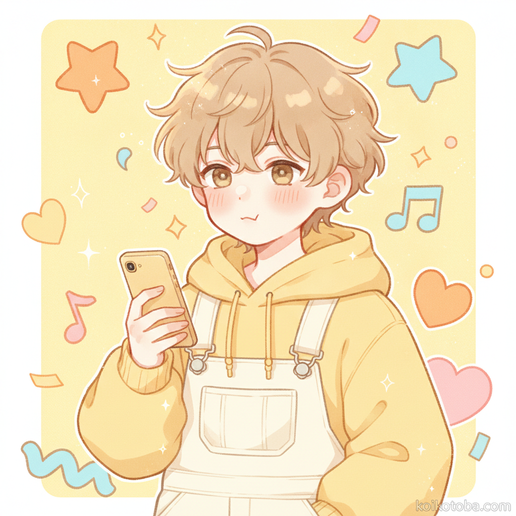 スマートフォンを持ちながら照れ笑いしている人物のイラスト