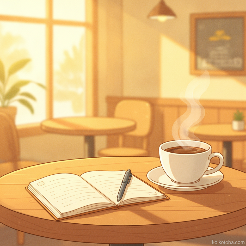 ノートとペンとコーヒーカップが並ぶカフェのテーブルのイラスト