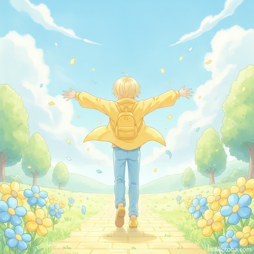 青空の下で両手を広げて前向きに歩き出す人物の後ろ姿イラスト