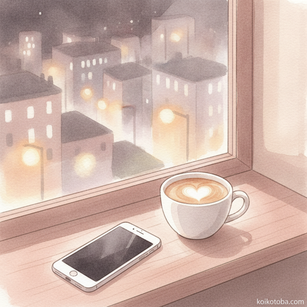 夜の窓辺に置かれたスマートフォンとカフェラテのカップ