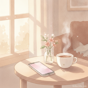 窓辺のテーブルに置かれたスマートフォンとコーヒーカップのイラスト