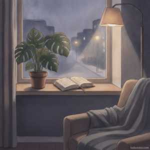 夕暮れのアパートの窓辺と観葉植物のイラスト