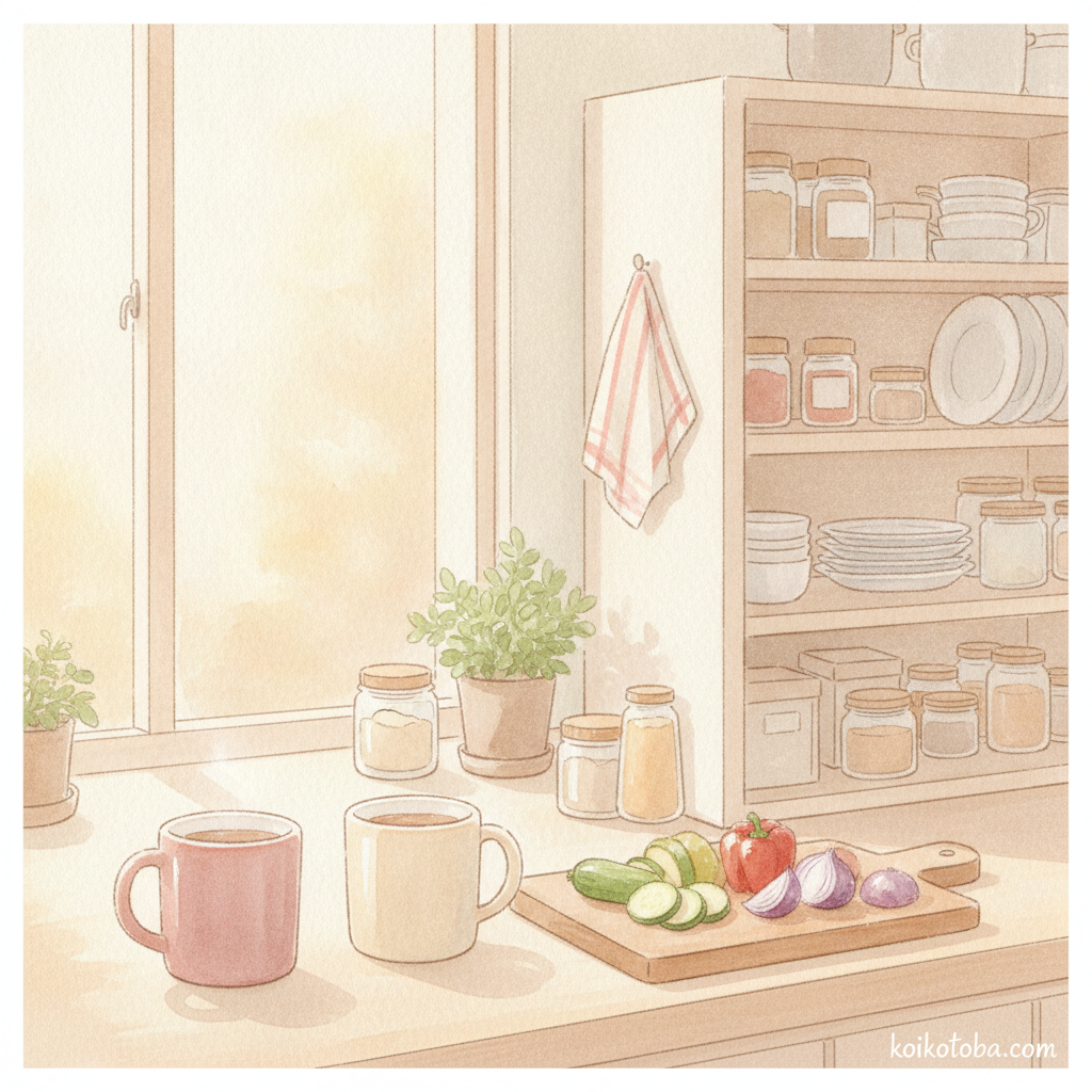 ふたつのマグカップと野菜が並ぶキッチンのイラスト