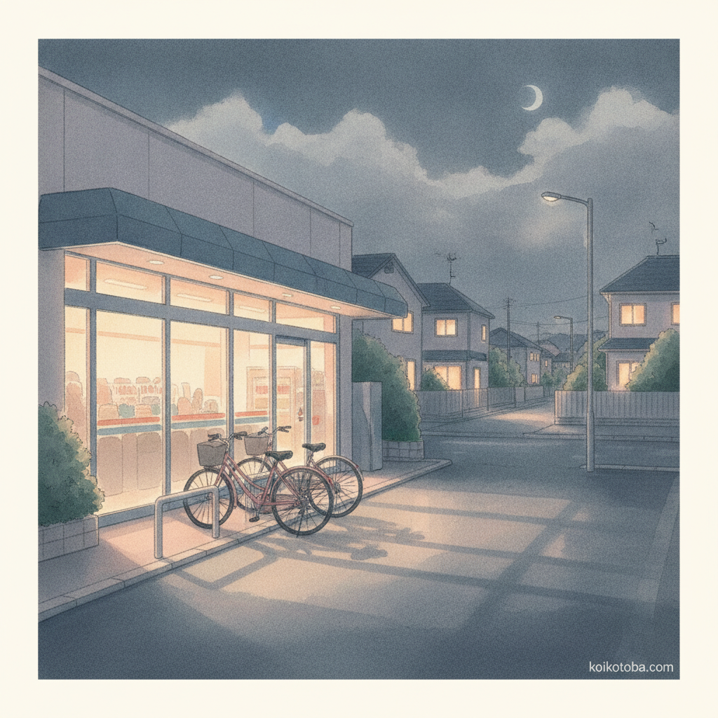 夜のスーパーマーケットと並んだ自転車のイラスト