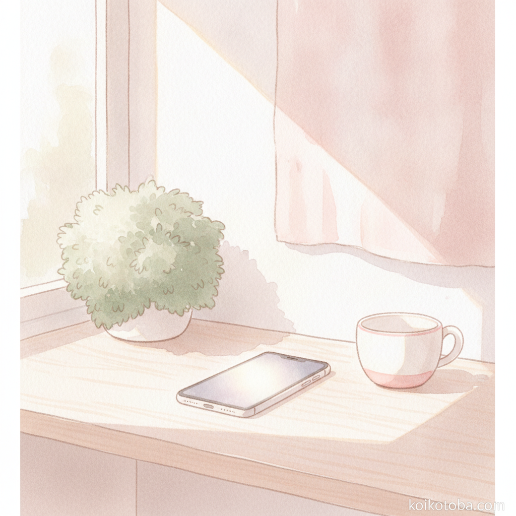 木のデスクの上のスマホと観葉植物のやわらかいイラスト