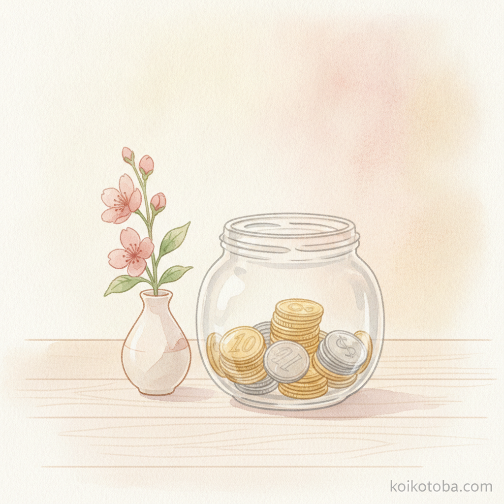 ガラスの貯金箱と春の小花のやわらかいイラスト