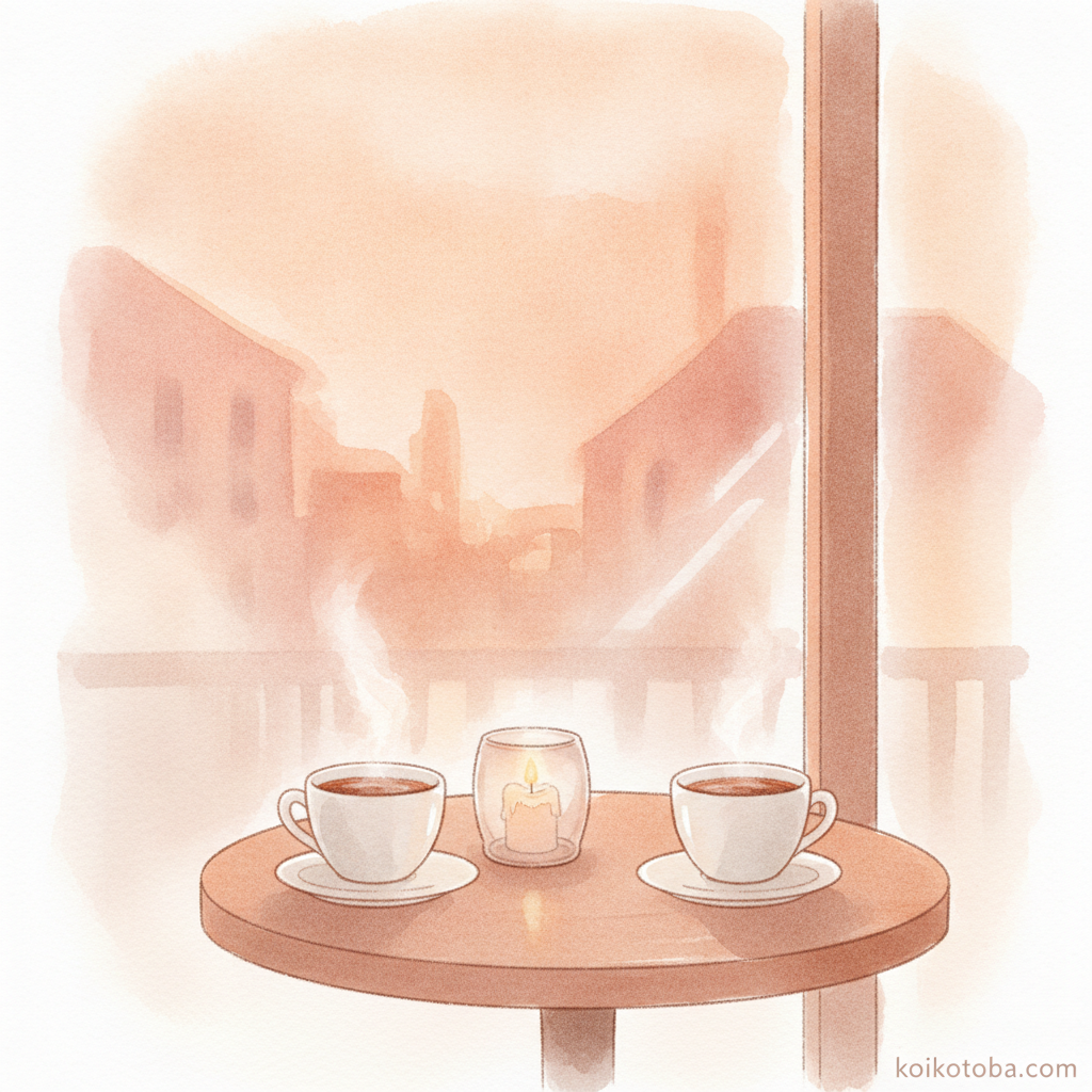 夕暮れのカフェ窓辺に並ぶ二つのコーヒーカップのやわらかいイラスト