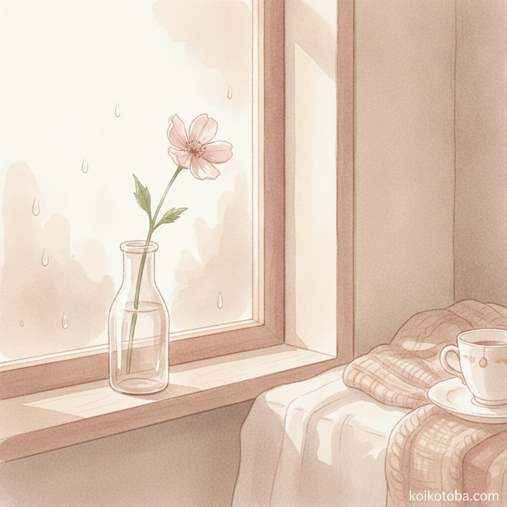 窓辺に置かれた淡いピンクの花と雨上がりの窓ガラスのイラスト