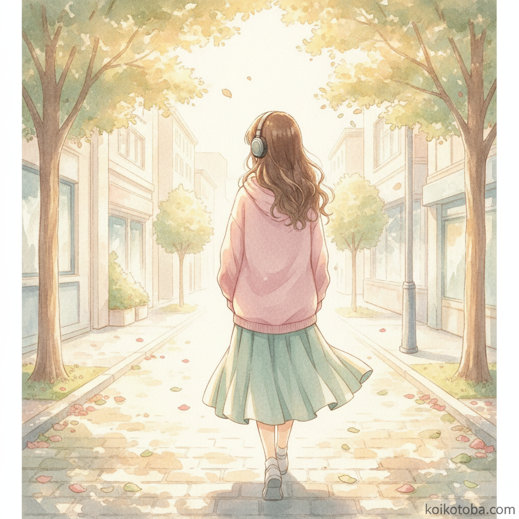 イヤホンをつけて陽光の中を歩く女の子の後ろ姿のイラスト