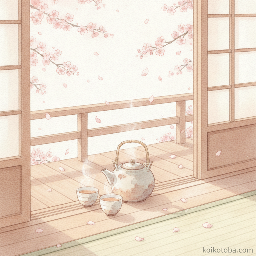 縁側に並ぶふたつの湯飲みと春の桜の花びら