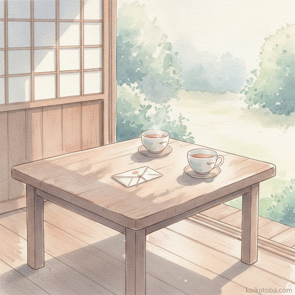カフェのテーブルに置かれたふたつのカップと手紙