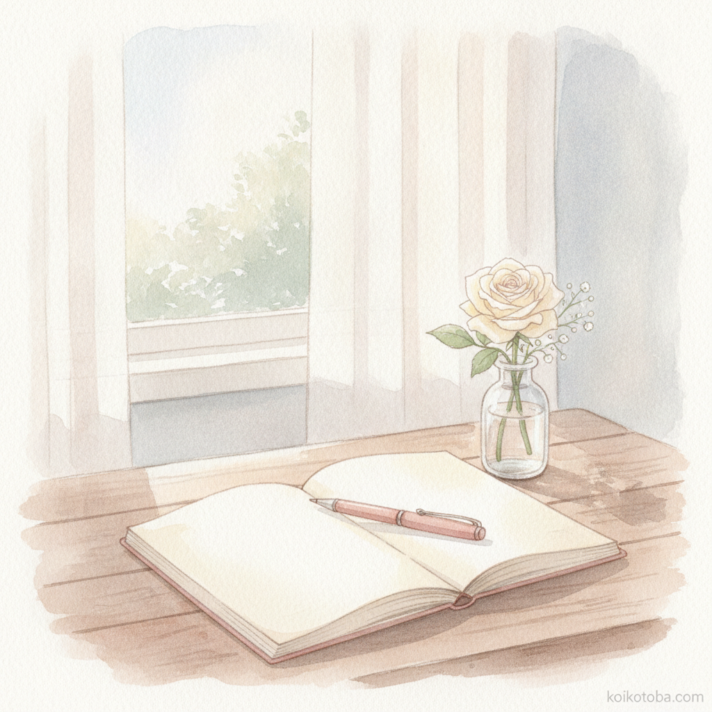 開かれたノートとペン、一輪挿しの花が並ぶテーブルの上のやわらかいイラスト