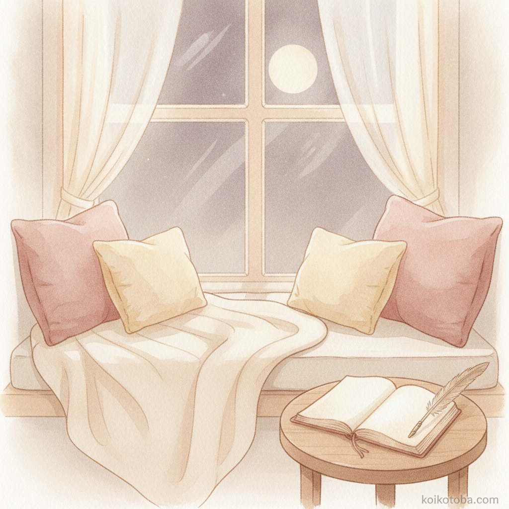 夜の窓辺に置かれたノートとペン、月明かりが差し込む静かな部屋のイラスト
