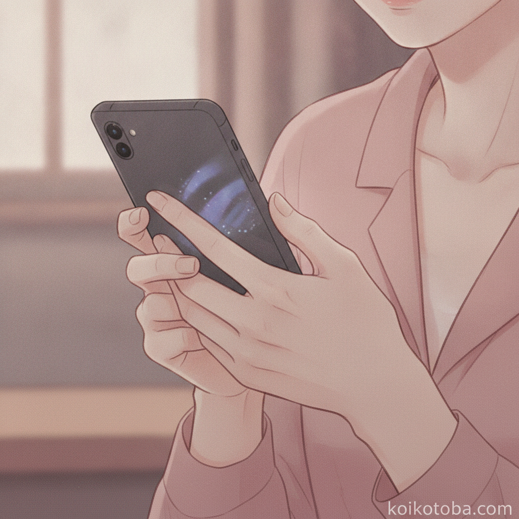 暗いスマートフォン画面をじっと見つめる手元の静かなイラスト