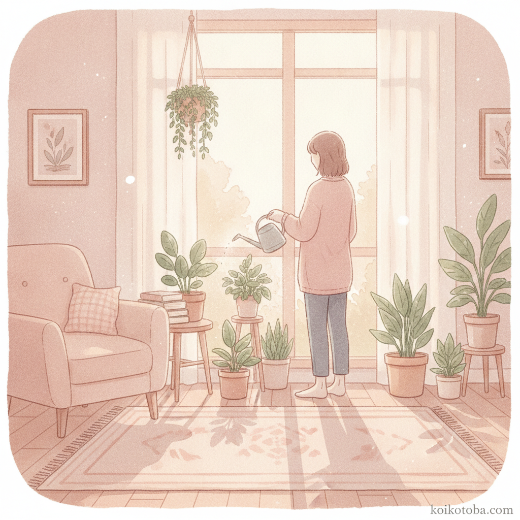 朝の窓際で観葉植物の世話をする人物の後ろ姿、穏やかな光のイラスト