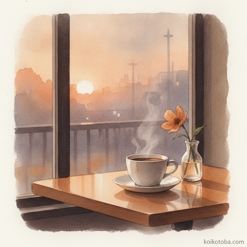 秋の夕暮れのカフェ窓際、コーヒーカップと一輪の花が置かれた温かみのあるイラスト
