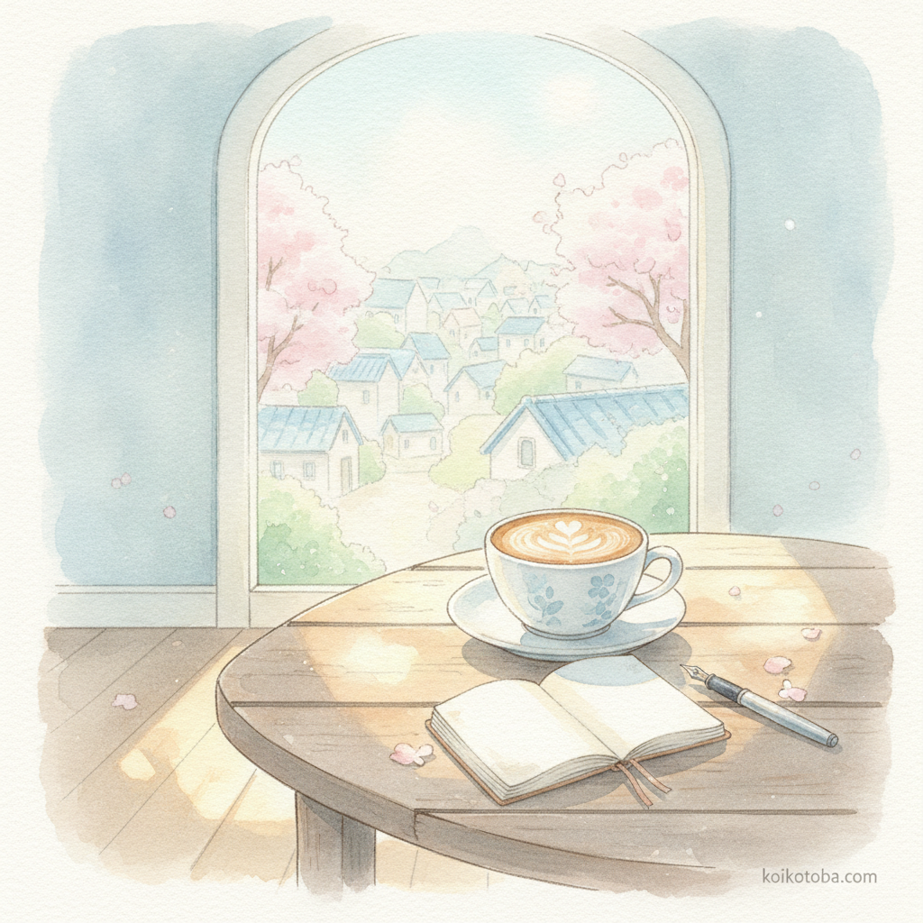 カフェのテーブルに置かれたコーヒーカップとノート、温かい光のイラスト