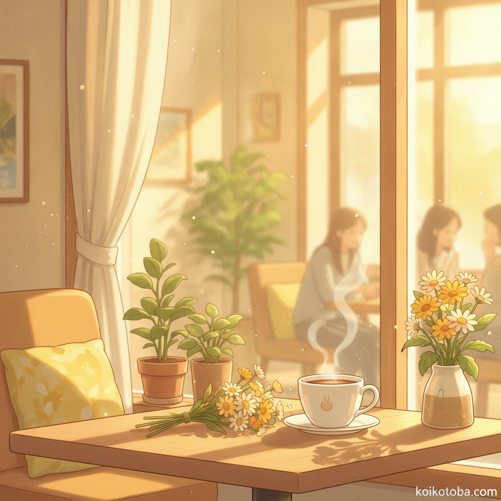 春のカフェの窓辺にコーヒーと花束が置かれたときめきの情景