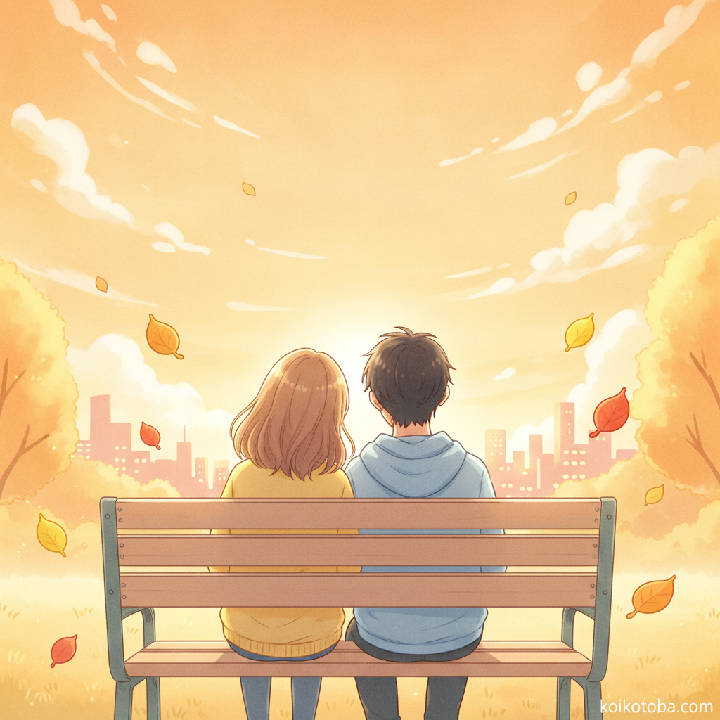 公園のベンチで夕日を見上げるふたりの後ろ姿のイラスト