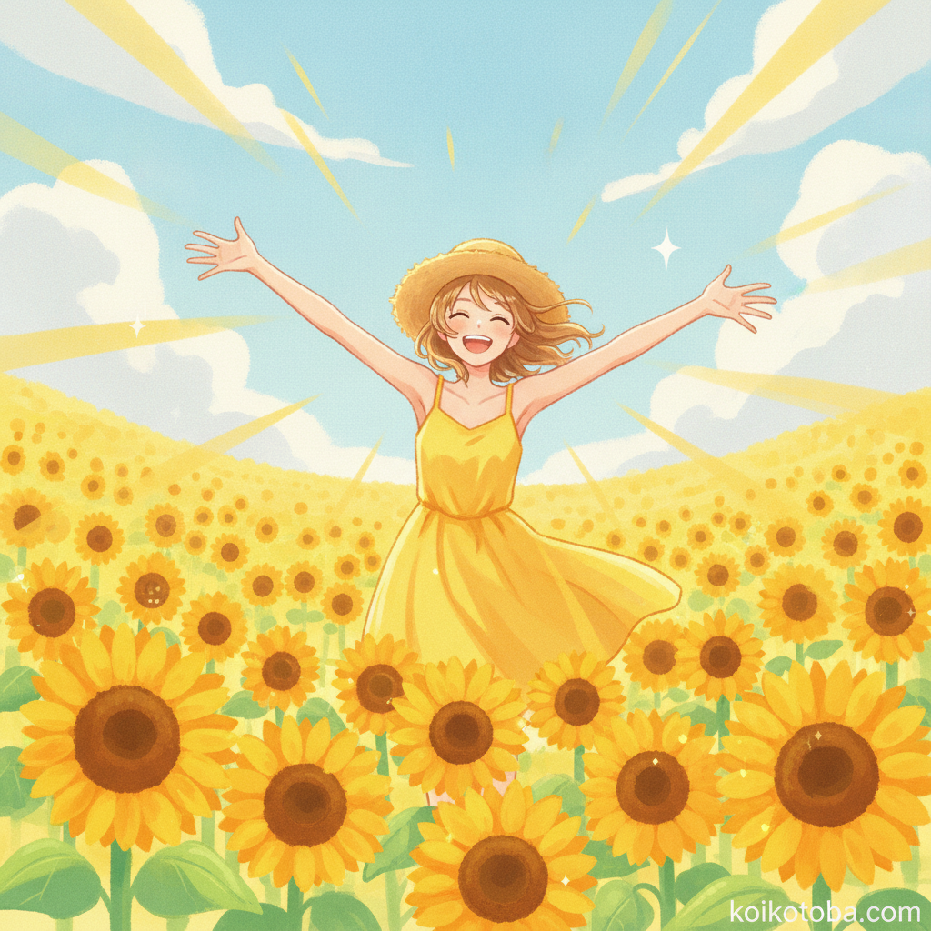 ひまわり畑で青空に向かって両手を広げる人物のイラスト