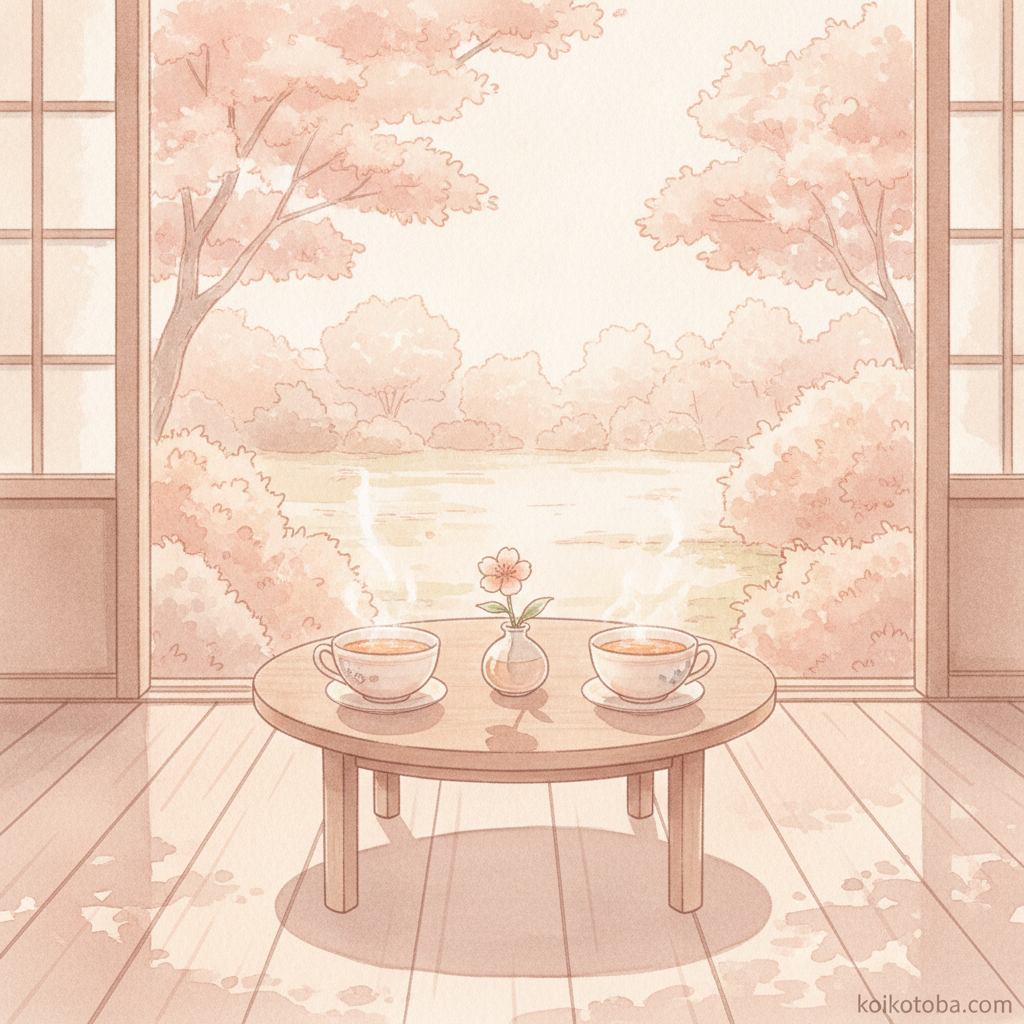向かい合うふたつのカップと小さな花のイラスト