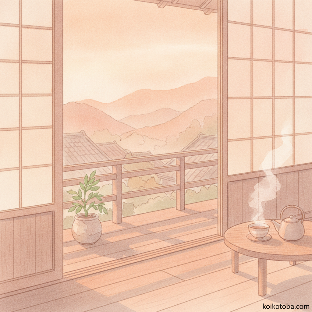 夕暮れの光と窓辺の小さな植物のイラスト