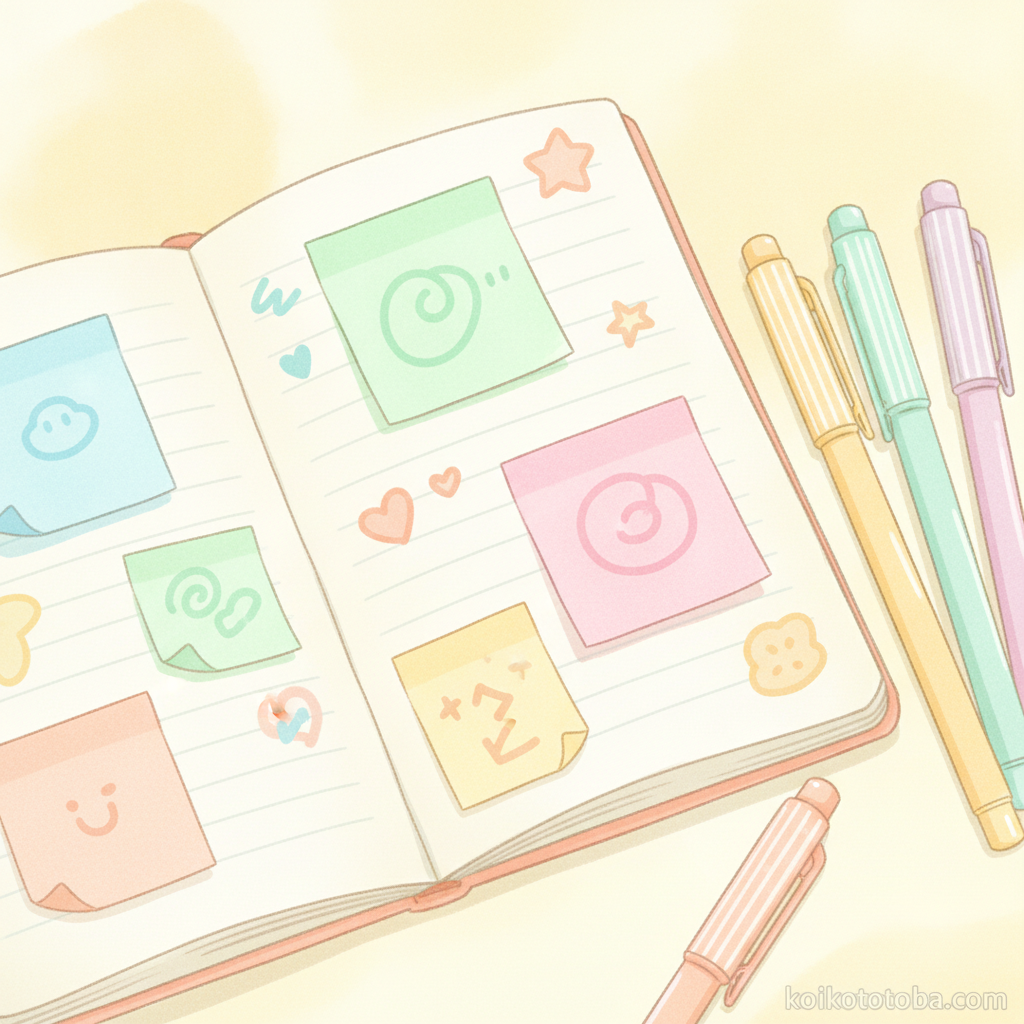 ノートに手書きメモやふせんとカラフルなペンが並ぶシール帳のページ