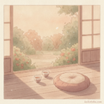 縁側に置かれた湯呑みと温かい夕暮れの光のイラスト