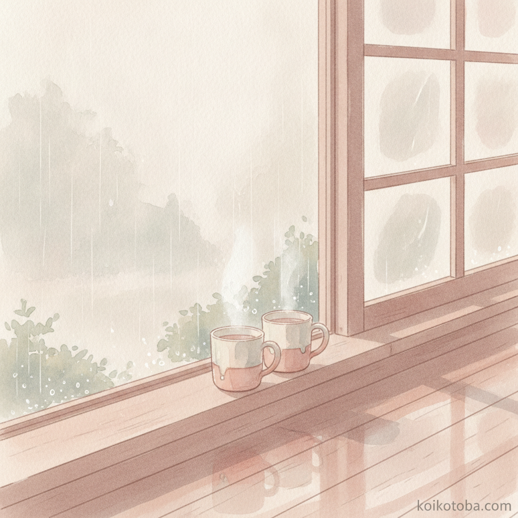 窓辺に並ぶふたつのマグカップと雨の日の静かな情景のイラスト