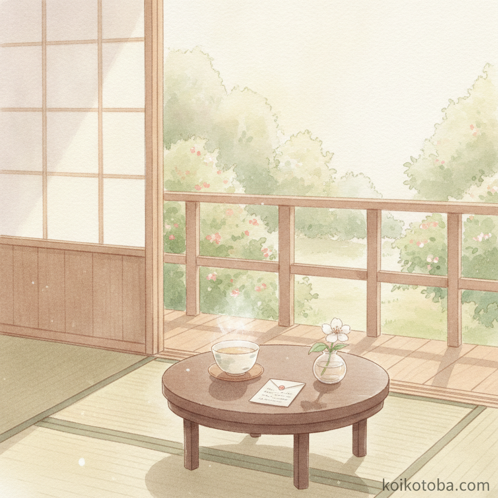 テーブルの上の一輪の花と折りたたまれた手紙のイラスト