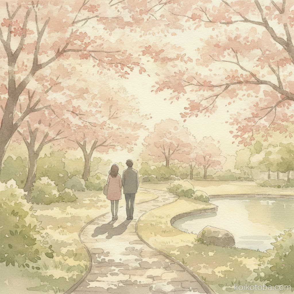 朝の公園を並んで歩くふたりの後ろ姿のイラスト