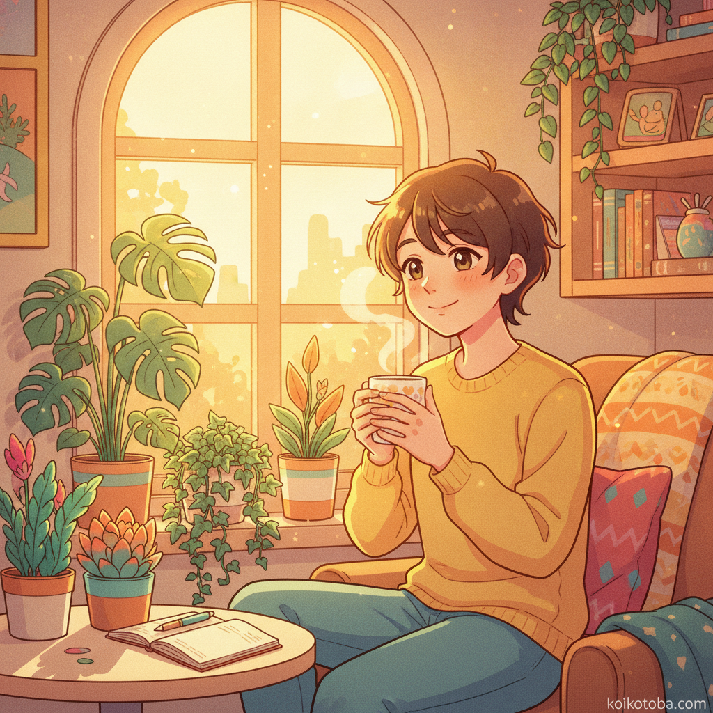 窓辺で温かいマグカップを持ちながら前向きな気持ちでいる人のイラスト