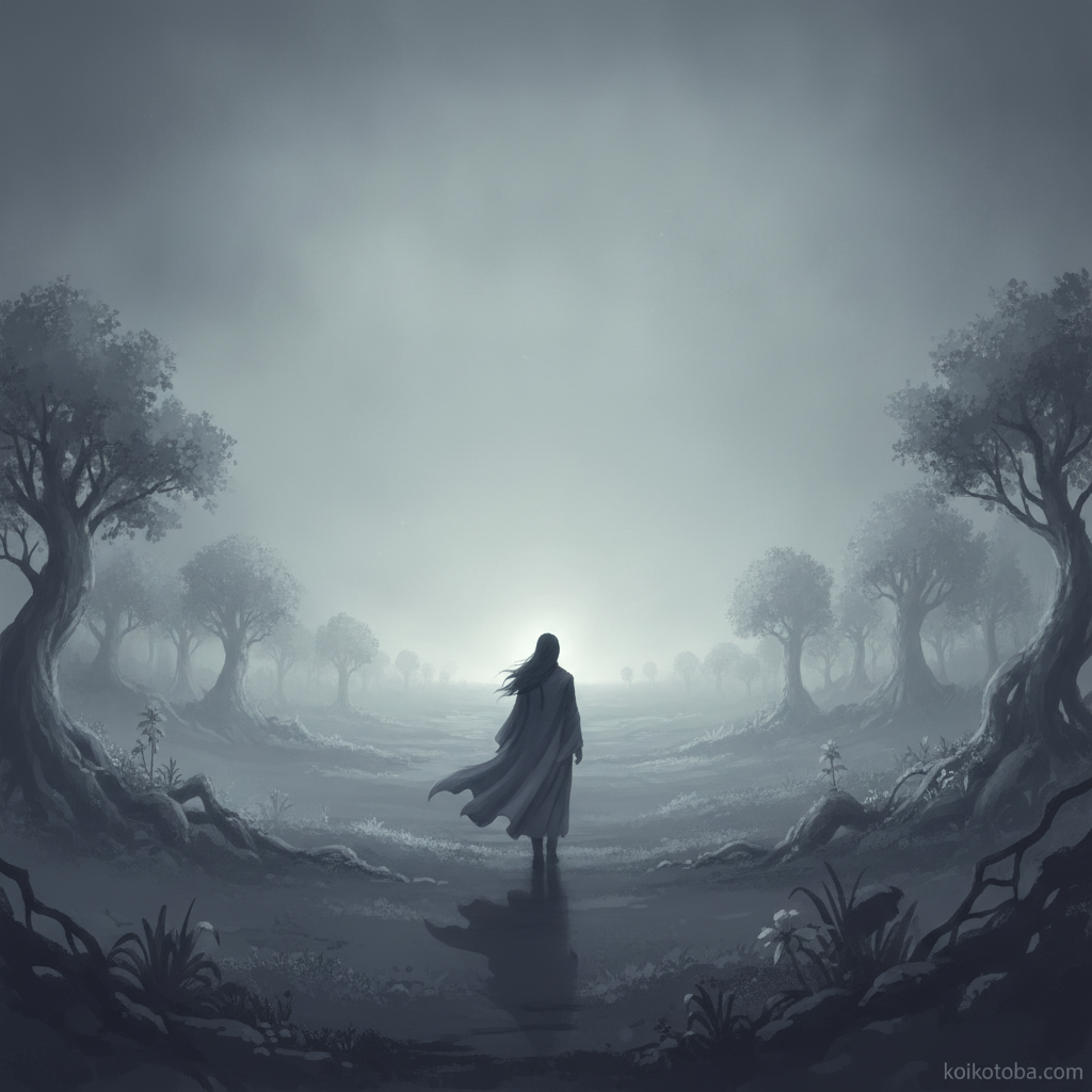夜明けの薄明かりの中をひとり歩く後ろ姿の幻想的なイラスト