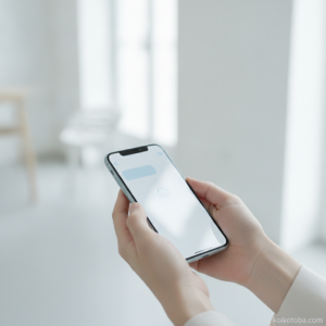 チャットアプリを表示したスマートフォンを両手で持つ様子、柔らかなボケ背景