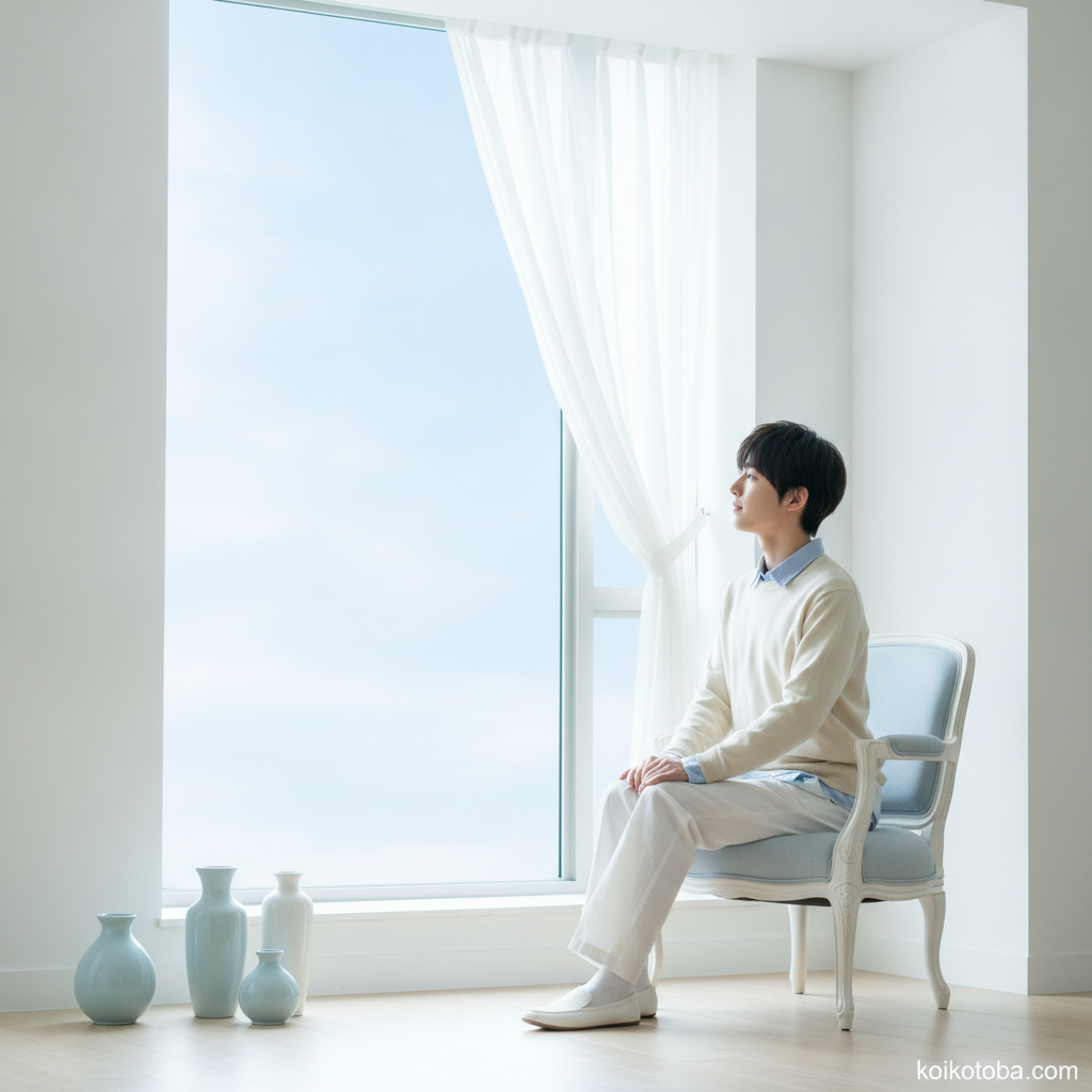明るい窓辺に座り穏やかに外を見つめる人物、静かで希望に満ちた雰囲気