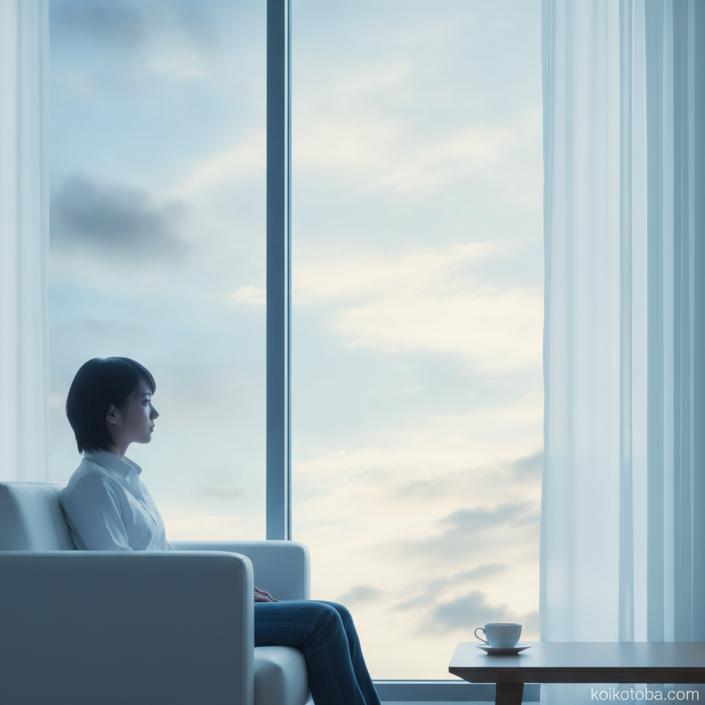 大きな窓の前に座り穏やかな青空を見つめる人物、片思いの時間を静かに前向きに過ごすイメージ