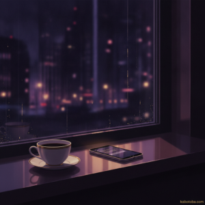 夜のカフェの窓辺に置かれたコーヒーとスマートフォン、告白前の静かな夜の情景