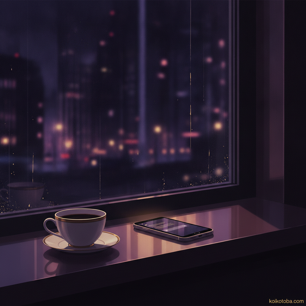 夜のカフェの窓辺に置かれたコーヒーとスマートフォン、告白前の静かな夜の情景