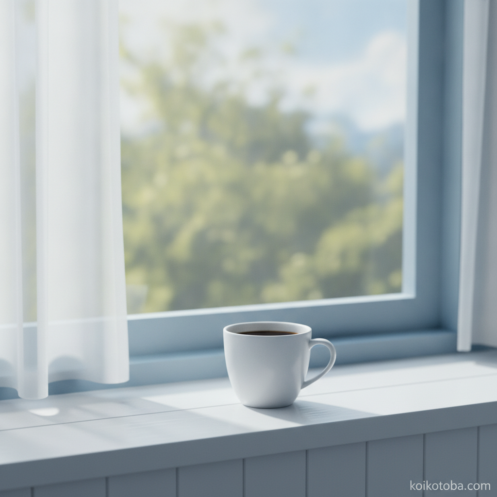 白いカーテン越しに柔らかい朝の光が差し込む窓辺とコーヒーカップ