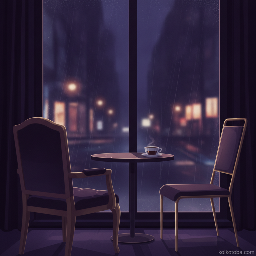向かい合う二つの椅子と夜のカフェの窓辺