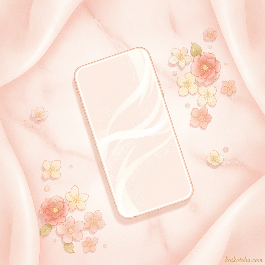 やわらかい光に照らされたスマートフォンと小花、LINEで気持ちを伝えるシーンのイメージ