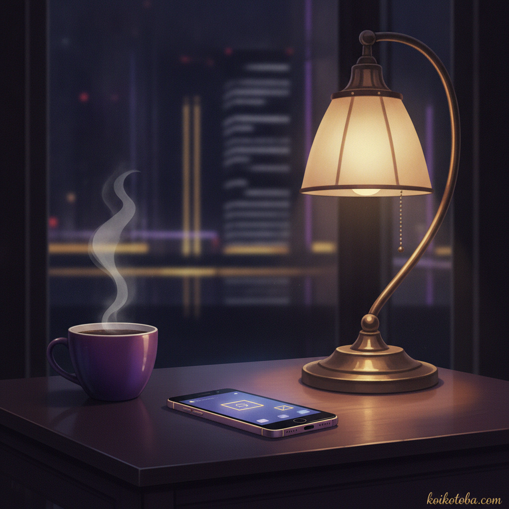 夜のデスクに置かれたスマートフォンとお茶——LINEの返信を待つ静かな夜のイメージ
