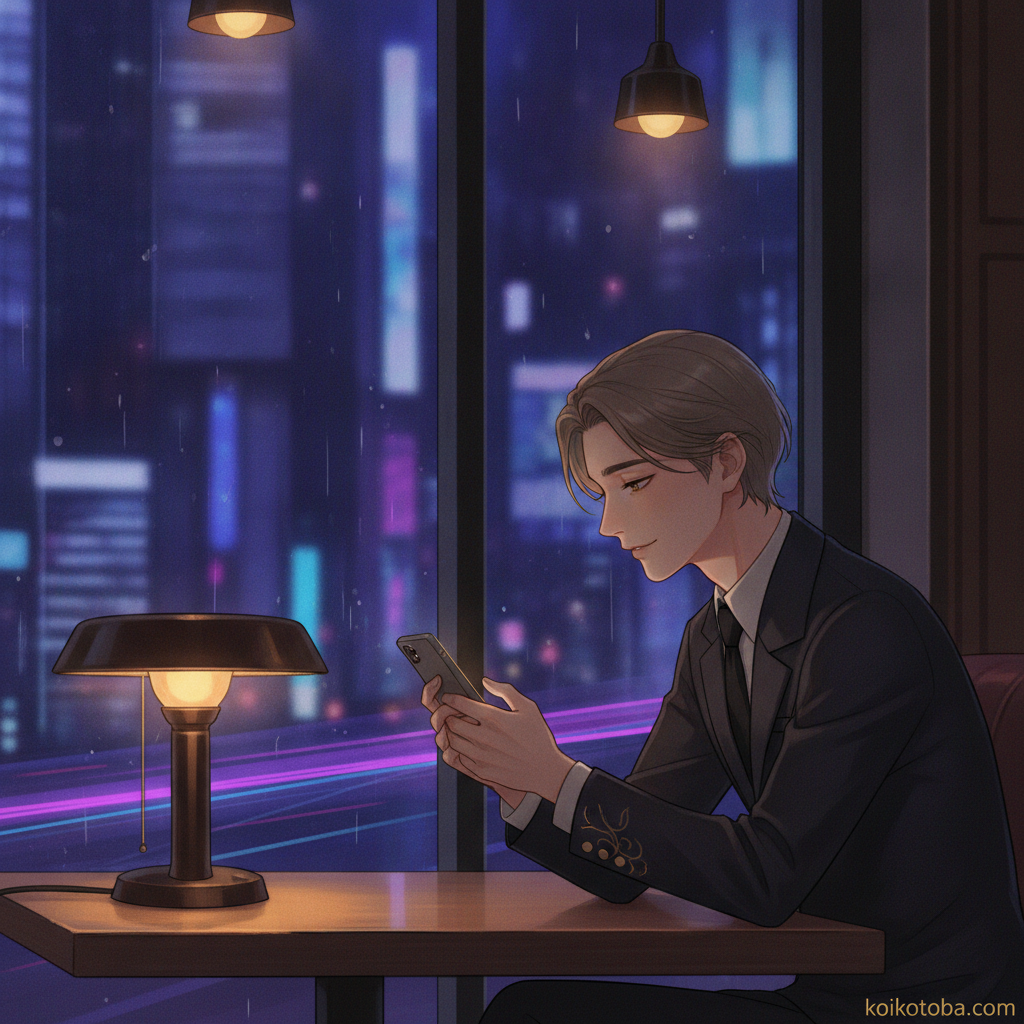 夜のカフェでスマートフォンを見ながら微笑む人——返信テクを実践するイメージ
